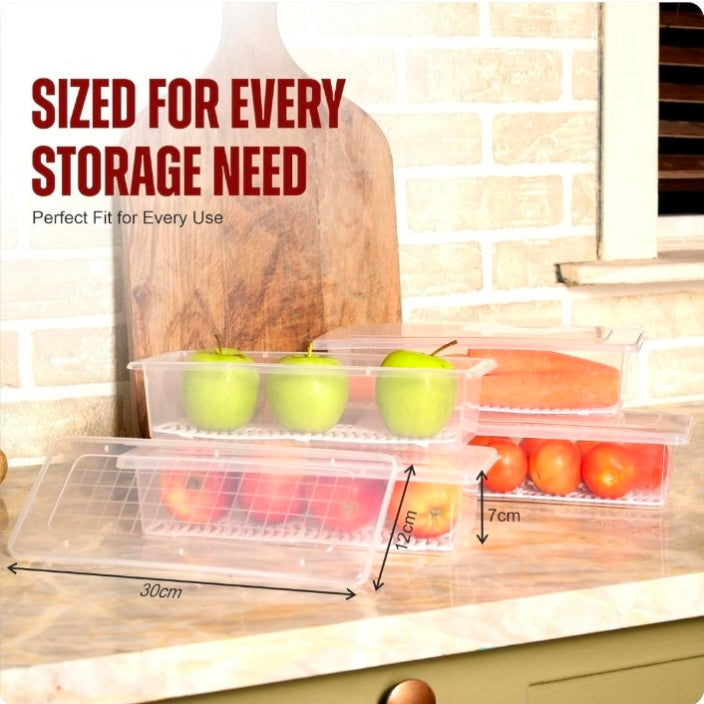 Fridge Organiser Storage Boxes with Removable Drain Plate for Fruits, Vegetables Fresher, 1500ml(Pack of 6)