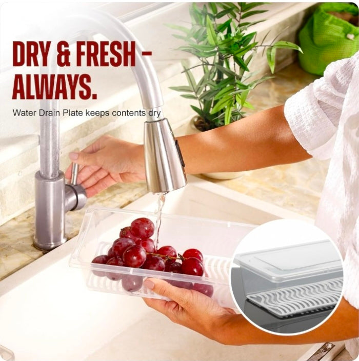 Fridge Organiser Storage Boxes with Removable Drain Plate for Fruits, Vegetables Fresher, 1500ml(Pack of 6)