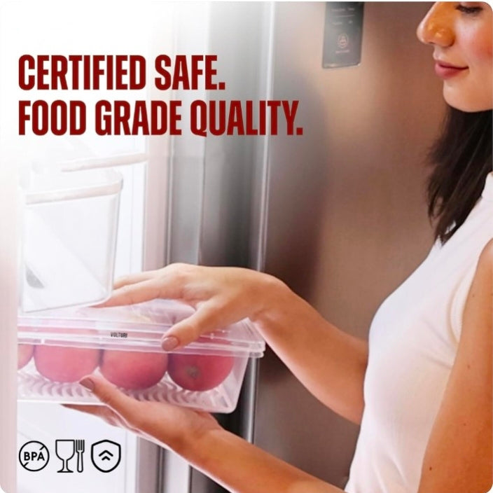Fridge Organiser Storage Boxes with Removable Drain Plate for Fruits, Vegetables Fresher, 1500ml(Pack of 6)