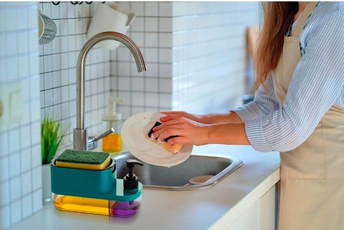 3 in 1 Dish Soap & Liquid Pump Dispenser & Sponge Holder for Kitchen Sink Countertop