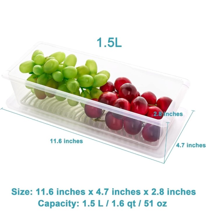 Fridge Organiser Storage Boxes with Removable Drain Plate for Fruits, Vegetables Fresher, 1500ml(Pack of 6)