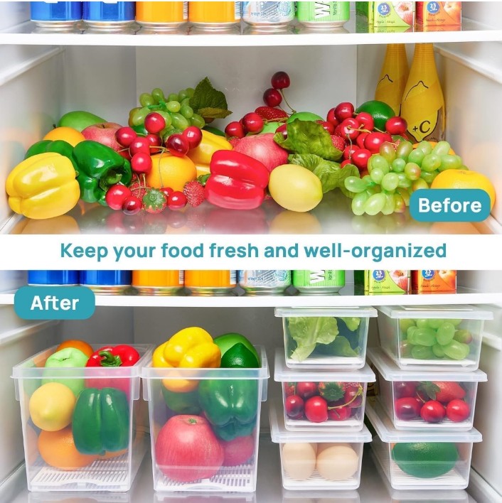 Fridge Organiser Storage Boxes with Removable Drain Plate for Fruits, Vegetables Fresher, 1500ml(Pack of 6)