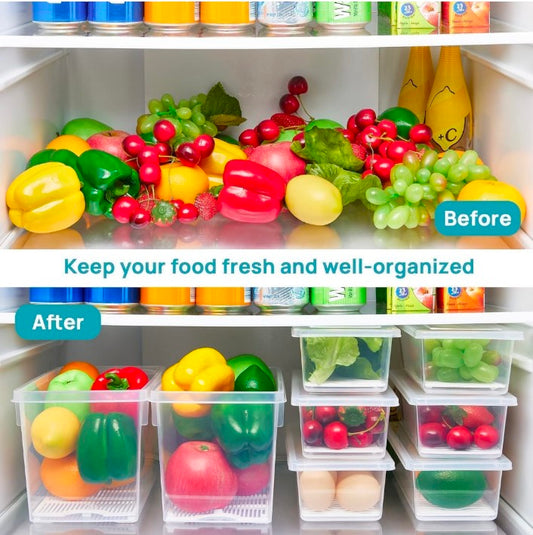 Fridge Organiser Storage Boxes with Removable Drain Plate for Fruits, Vegetables Fresher, 1500ml(Pack of 6)